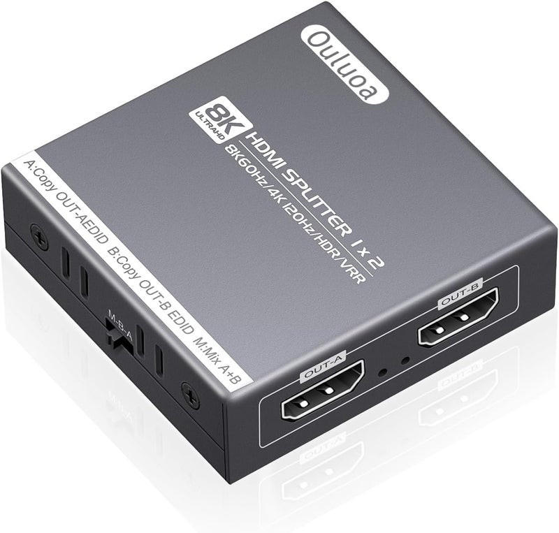Ouluoa 8K HDMI Splitter 1 in 2 Out (Not Extended Display), Mirror Only, 4K@120Hz HDMI 2.1 Splitter for Monitor, TV, Support HDCP2.3, 48Gbps, Compatible with 4K & 1080P High-Definition Video - Image 1